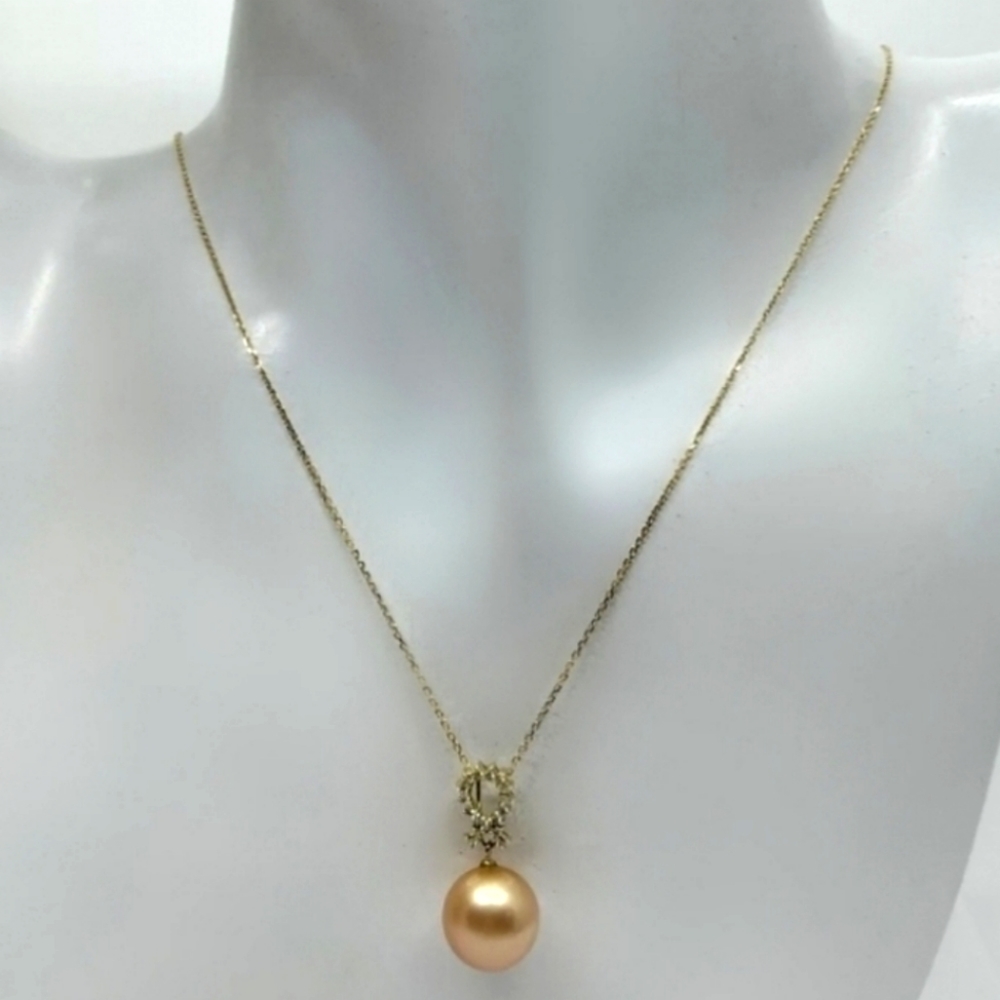 18K Yellow Gold Golden South Sea Pearl Diamond Pendant Necklace - Picture 14 of 14